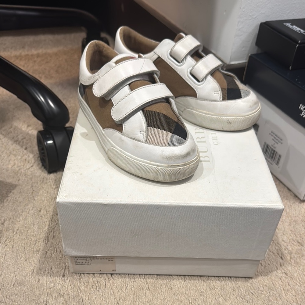 Burberry White and Brown Sneakers with Velcro Straps